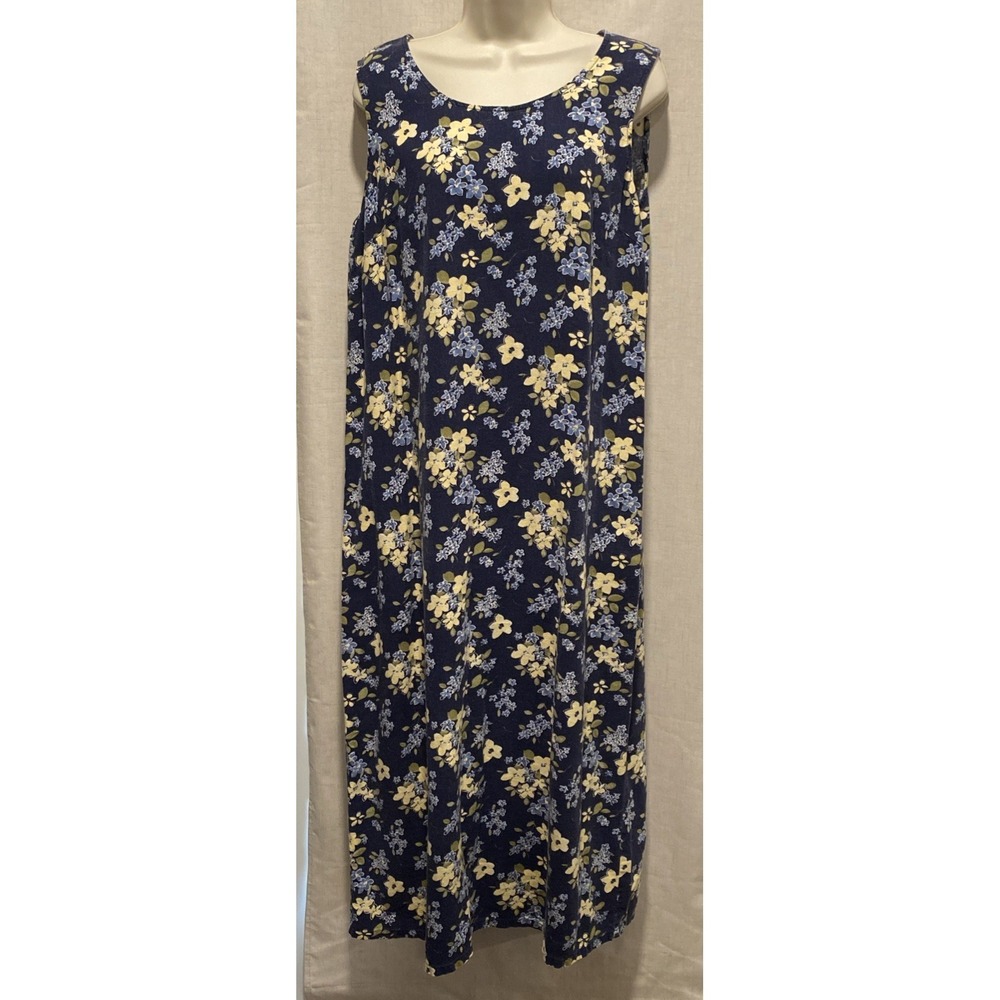 1980's Studio Ease Cottage-core Women's Dress Sz 14 Blue Floral Linen Rayon Boho